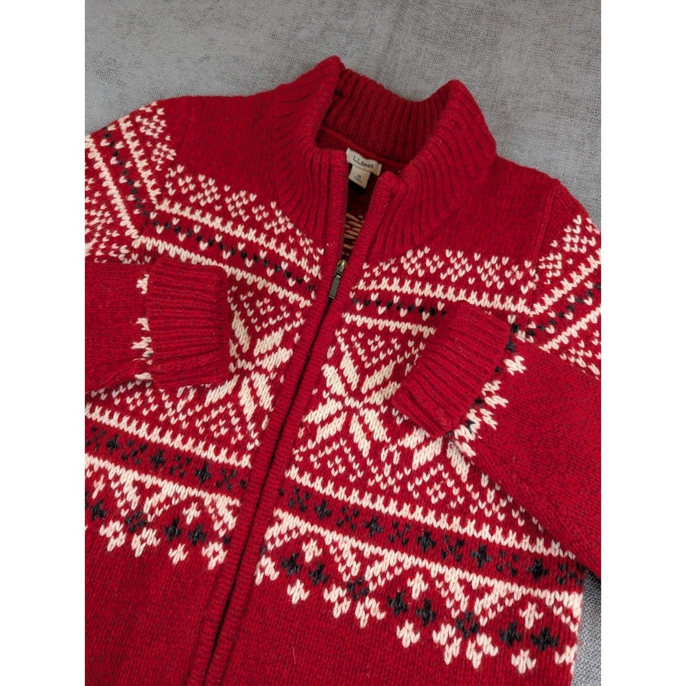 LL Bean Sweater Jacket Womens M Lambs Wool Cardigan Nordic Fair Isle Snowflake